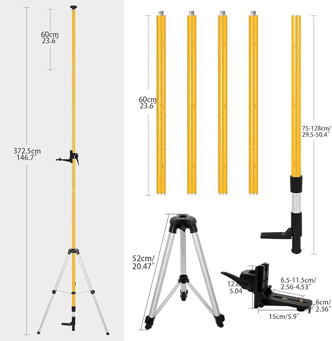12Ft/3.7M Professional Telescoping Laser Level Pole with Tripod & Universal Mount - 1/4”-20 & 5/8”-11 Adapters | Adjustable Laser Pole Mount for Rotary/Line Lasers(Yellow)