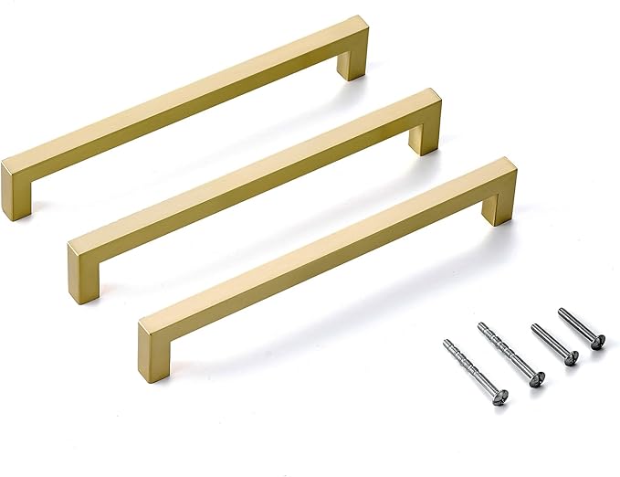 20 Pack Gold Cabinet Handles 8 Inch Hole Centers Brushed Gold Drawer Pulls Stainless Steel Square Cabinet Pulls Dresser Pulls Cupboard Handles for Kitchen and Bathroom