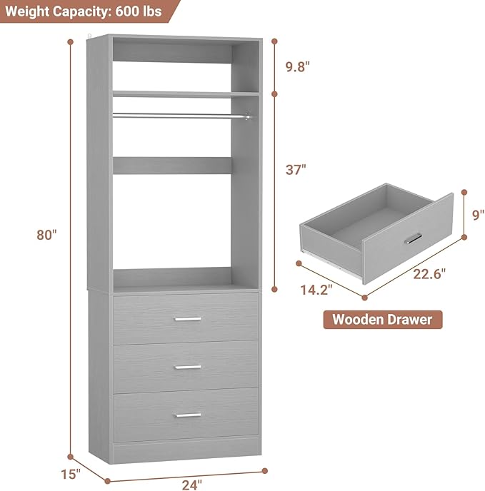 Freestanding 2FT Closet System with 3 Wood Drawers, 24" Closet Organizer System with Hanging Rod & Shelves, Walk-in Closet Systems for Small Closets, Grey (24"L x 15" W x 80" H)