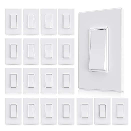 AIDA Matte White Single Pole Decors Light Switch with Screwless Wall Plate Cover, 15Amp, 120/277V, Paddle Rocker Switch Replacement, On/Off Wall Switch,Residential Grade, UL/CUL (20 Pack)