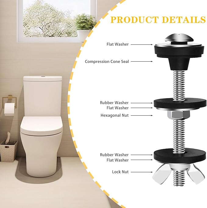 6PCS Universal Toilet Seat Bolts Kit, Heavy Duty Toilet Tank Bolts Replacement, Waterproof Stainless Steel Toilet Seat Screws and Rubber Washers Gaskets with Extra Long Nut