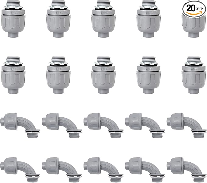 3/4 inch Liquid Tight Connector PVC Flexible Conduit Connector Kit,UL Listed,180 Degree and 90 Degree Connector Fittings 20 Pack(10 Pcs 180D/10 Pcs 90D)