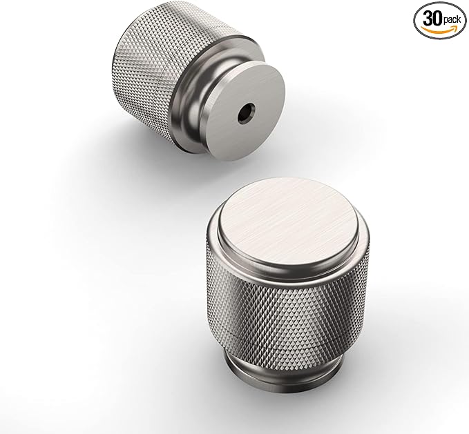 Amerdeco 30 Pack Brushed Satin Nickel Knurled Cabinet Knobs Kitchen Cabinet Pulls for Drawer Dresser, Cupboard and Wardrobe ZH0031