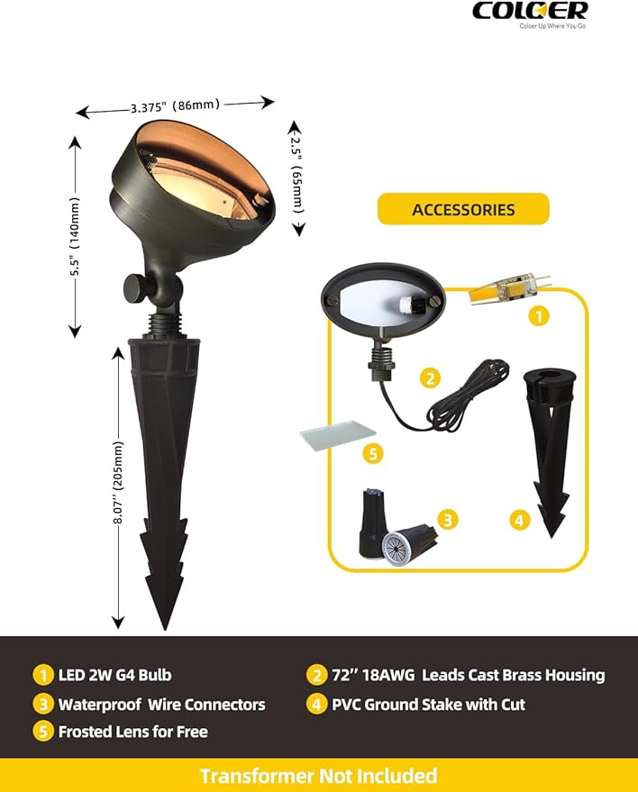 COLOER Die-cast Brass LED Landscape Flood Lights Outdoor, 2W 9-17 Volt Low Voltage Wall Wash Lighting, Outdoor Floodlight for Illuminating Signs, Walls and Plant Material(501B,1-Pack with G4 Bulb)