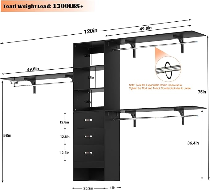 Armocity 120 Inches Closet System, 10FT Walk In Closet Organizer with 3 Shelving Towers, Heavy Duty Clothes Rack with 3 Drawers, Built-In Garment Rack, 120" L x 16" W x 75" H, Max Load 1300 LBS, Black