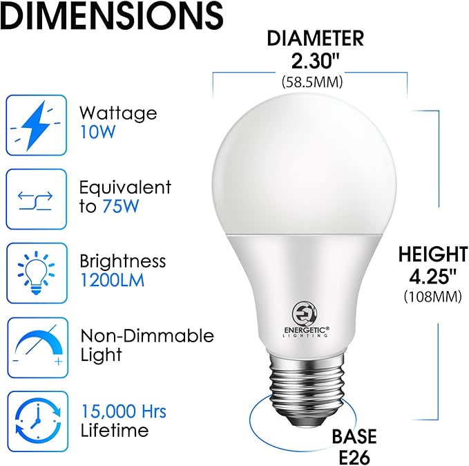 Energetic 75W Equivalent A19 LED Light Bulb, 3000K Warm White, Non-Dimmable LED Light Bulb, 1200lm, UL Listed, E26 Medium Base, 12-Pack