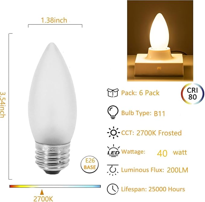 40 Watt Incandescent Light Bulbs,Frosted Flame Tip Chandelier Light Bulb, Medium E26 Candelabra Base 40W Equivalent Incandescent Torpedo Tip Chandelier with Crystal (66)