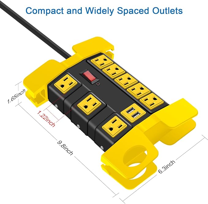 CCCEI Heavy Duty Power Strip with USB, Workshop 8 Outlet Surge Protector 2700 Joules, Industrial Metal 15Amp Power Strip, 12 FT Extension Cord and Wide Spaced Black.