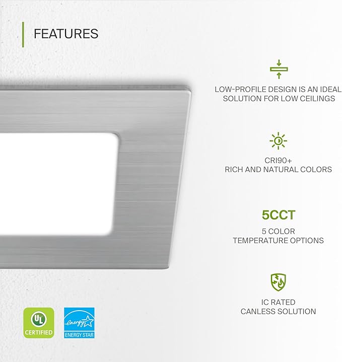 ASD 6 Pack LED Square Recessed Lighting 3 Inch, 5 CCT 2700K-5000K, 6W 30W Eqv, Ultra Thin Dimmable Ceiling Lights with J Box, Canless Wafer Downlight, Slim Panel Light, UL Energy Star, Brushed Nickel