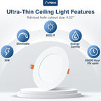 Amico 12 Pack 4 Inch 5CCT Ultra-Thin LED Recessed Dimmable Ceiling Light with Junction Box, 2700K/3000K/3500K/4000K/5000K Selectable, 10W Eqv 60W, 800Lumens, High Brightness Downlight - ETL&FCC