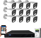 GW Security 16 Channel 12MP NVR 4K Security Camera System with 12 x 8MP PoE Spotlight Color Night Vision Outdoor/Indoor Microphone Bullet Cameras, Smart AI Human/Vehicle Detection