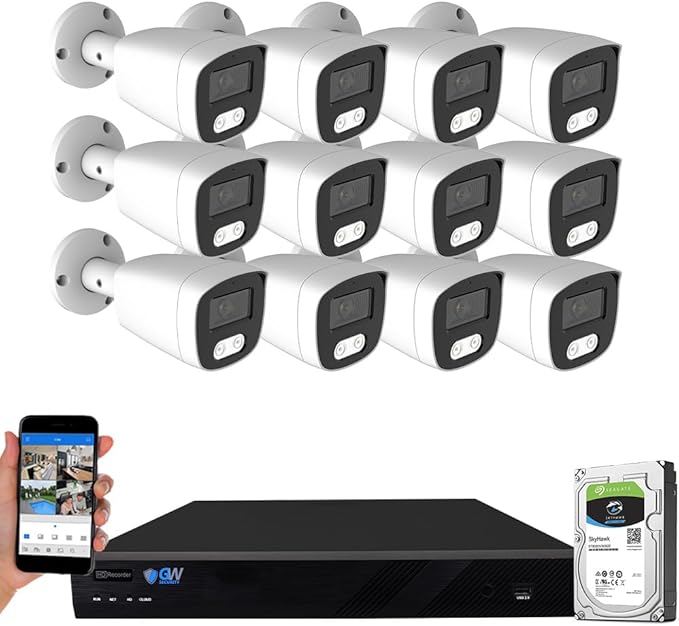 GW Security 16 Channel 12MP NVR 4K Security Camera System with 12 x 8MP PoE Spotlight Color Night Vision Outdoor/Indoor Microphone Bullet Cameras, Smart AI Human/Vehicle Detection