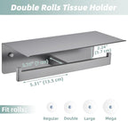 APLusee Gunmetal Gray Double Toilet Paper Holder with Shelf, 304 Stainless Steel Bathroom Tissue Roll Holder, Wall Mounted Paper Dispenser for Bathroom Kitchen, Fits Mega Rolls