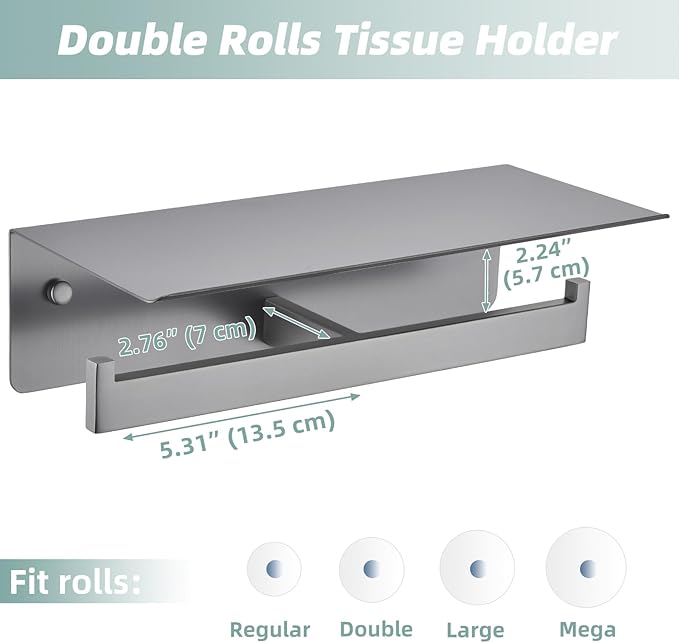 APLusee Gunmetal Gray Double Toilet Paper Holder with Shelf, 304 Stainless Steel Bathroom Tissue Roll Holder, Wall Mounted Paper Dispenser for Bathroom Kitchen, Fits Mega Rolls