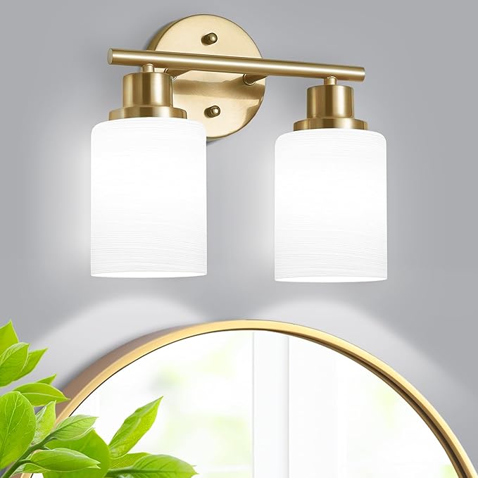 2-Light Vanity Lights, Brushed Gold Bathroom Light Fixture with Striped Textured Milky White Glass Shade, Modern Vanity Lighting Fixture for Bathroom Wall Light Over Mirror, E26 Wall Sconce