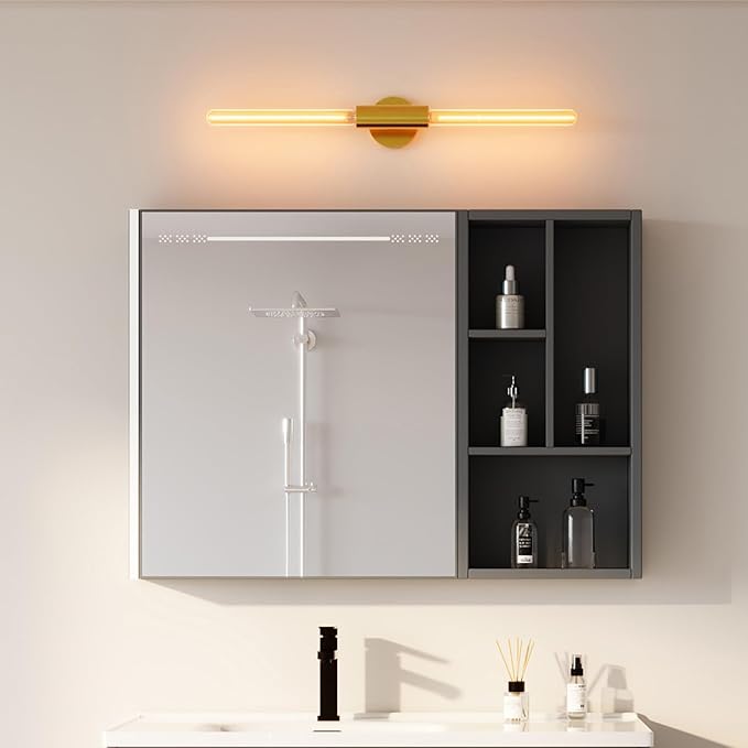 FLSNT 2 Light Modern Brushed Gold Wall Sconce with E26 Sockets, Includes 4W Dimmable Gold-Tinted T30 Bulbs, 2200K Warm Amber Glow, 90CRI, Steel Construction, Vintage Wall Light for Living Room