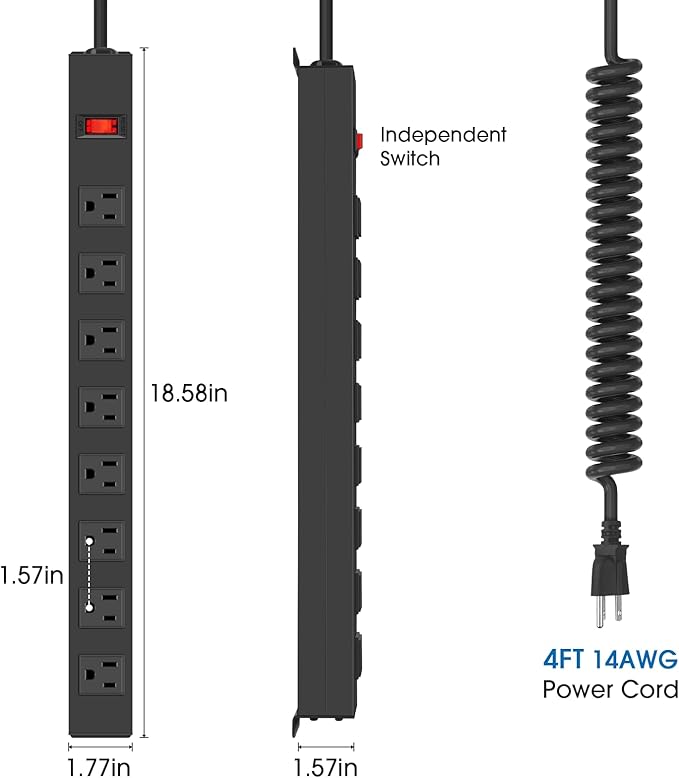 HHSOET 8 Outlet Metal Wall Mount Power Strip, Mountable Outlet with Switch, Heavy Duty Wide Spaced Surge Protector, 4 FT SJT 14AWG Black Spring Cord.