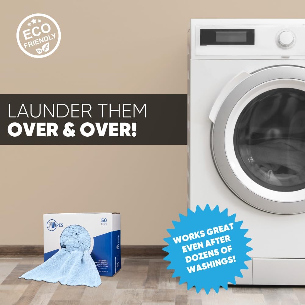 Microfiber Rags in A Box (50 Count) - Mwipes - 10" x 12" Reusable Wipes for Cleaning - Edgeless Terry Towels, Shop Rags, Wash, Dust, Disposable, House, Small Cleaning Cloths (Blue)