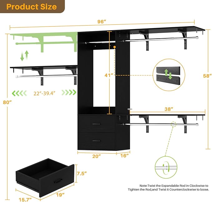 Cyclysio 8 FT Closet System, 96 Inch Closet Organizer with Drawers, Closet Organizers and Storage with 4 Closet Rod and 3 Shelving Towers, Walk-in Closet System for 4-8FT Spaces(Cut-to-Fit), Black