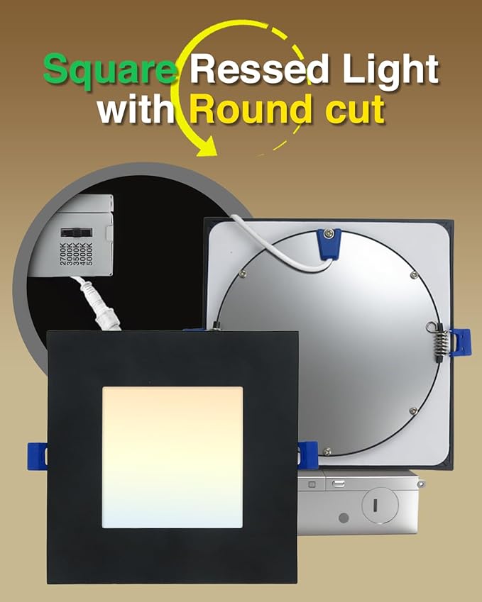 zouzai Square Led Recessed Lighting,5CCT Ultra Thin Square Led Ceiling Light with Junction Box,CRI90,2700K-5000K Selectable,Dimmable Canless Downlight,ETL and Energy Star (Black【12 Pack】, 6 Inch)