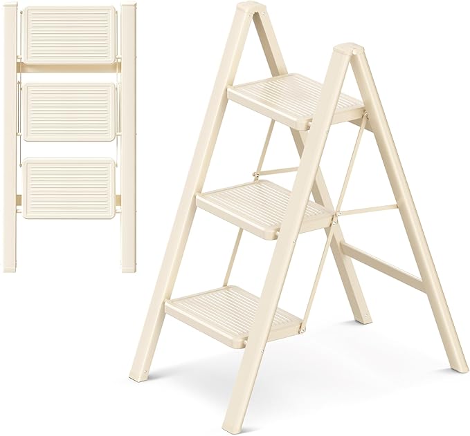 GameGem 3 Step Ladder Folding Step Stool with Wide Anti-Slip Pedal, 330LBS Capacity, Lightweight Portable Stepladder for Home and Kitchen Use, Cream White