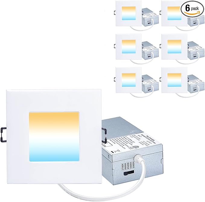 Recessed Lighting 4-inch Square-LED - Canless Recessed Light Fixture, Dimmable Ceilling Light with Junction Box, 2700|3000|3500|4000|5000K, 9W, White, 6P