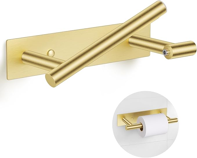 Brushed Gold Toilet Paper Holder, Adhesive or Screw Toilet Roll Holder Wall Mount, SUS304 Stainless Steel Double Post Pivoting Toilet Roll Holder for Bathroom, Kitchen, Washroom