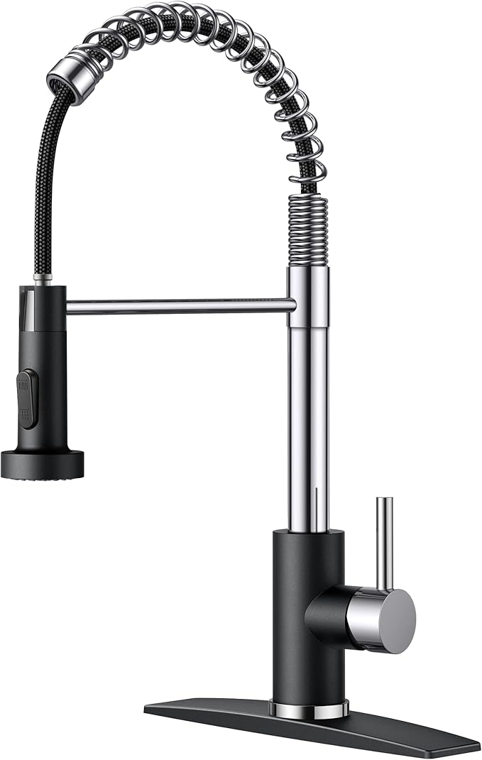FORIOUS Kitchen Faucet with Pull Down Sprayer, Stainless Steel Commercial Single Handle Classic Spring Pull Out Sink Faucet for Pot Filler, Farmhouse Camper Bar Laundry Room, Black Chrome