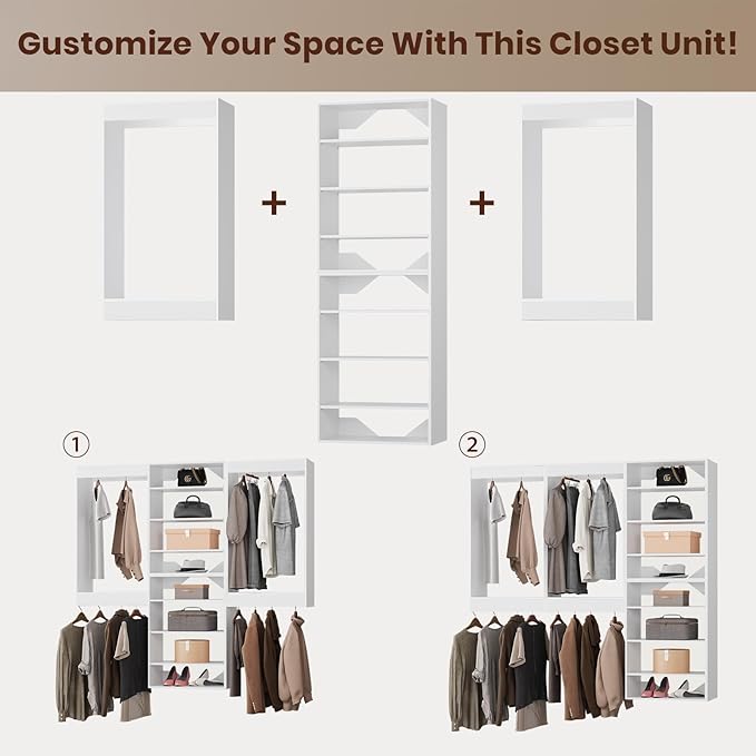 ROOMTEC Modular Closet System, 90" Wall-Mounted Closet Organizer with Hanging Rods and Shelves, Wooden Tower for Walk-In Closets, Wardrobe Storage Kit, White