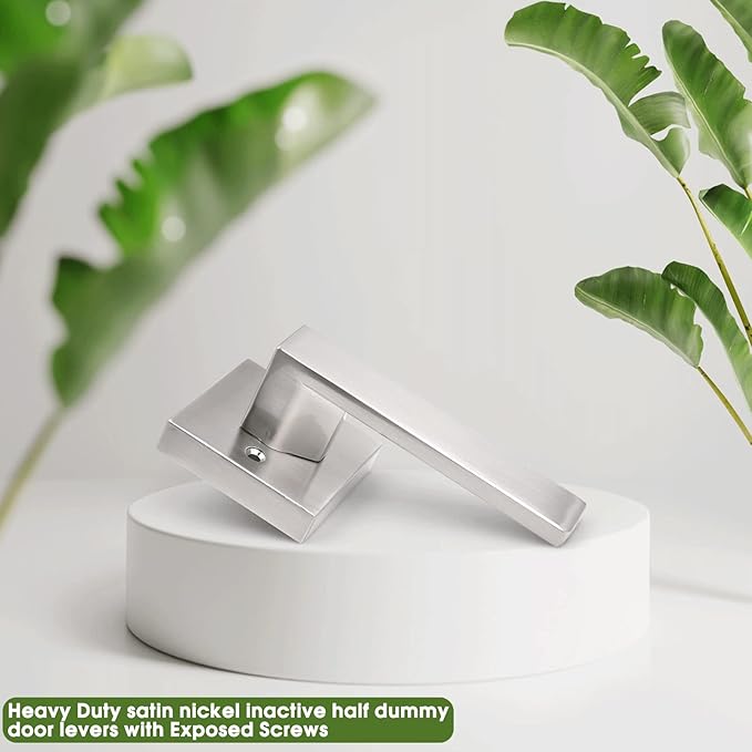 Gobrico 3 Pack Square Door Levers Satin Nickel Decorative Interior Door Locks Handles Square Rosette(Keyless One-Side Door Handles with Screws)