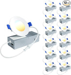 Ensenior 12 Pack 3 Inch LED Recessed Ceiling Light, Dimmable, 2700K-5000K 5CCT, 500LM 6W 120V, High Brightness Canless Wafer Downlight - ETL&FCC&IC