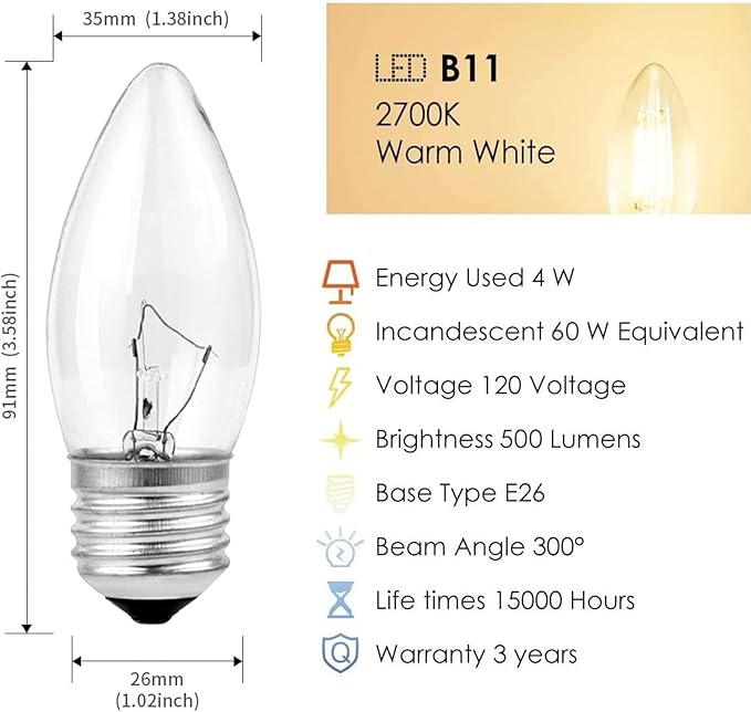 40W Incandescent Torpedo Tip Chandelier with Crystal Clear Incandescent Light Bulbs Tip Light Bulb and Medium E26 Candelabra Base (6 Pack) (6)