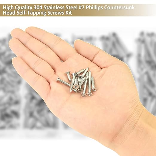 162 Pieces #7 x 1/2" 5/8" 3/4" 1" 1-1/4" Phillips Countersunk Head Self-Tapping Screws, Wood Screws Assortment Kit, 304 Stainless Steel