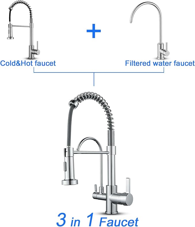 MENATT 3 in 1 Kitchen Faucet with Drinking Water Faucet, Pull Down Double Handle Filtration Kitchen Faucet Chrome (Without Water Filtration Device)