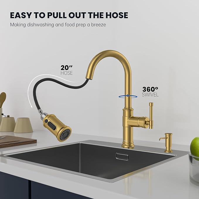 DAYONE Brushed Gold/Brass Pull Down Kitchen Faucet with 3-Mode Sprayer and Soap Dispenser, Single Handle High Arc Faucets for Kitchen Sink with Deck Plate, DAY-APS136-BTG