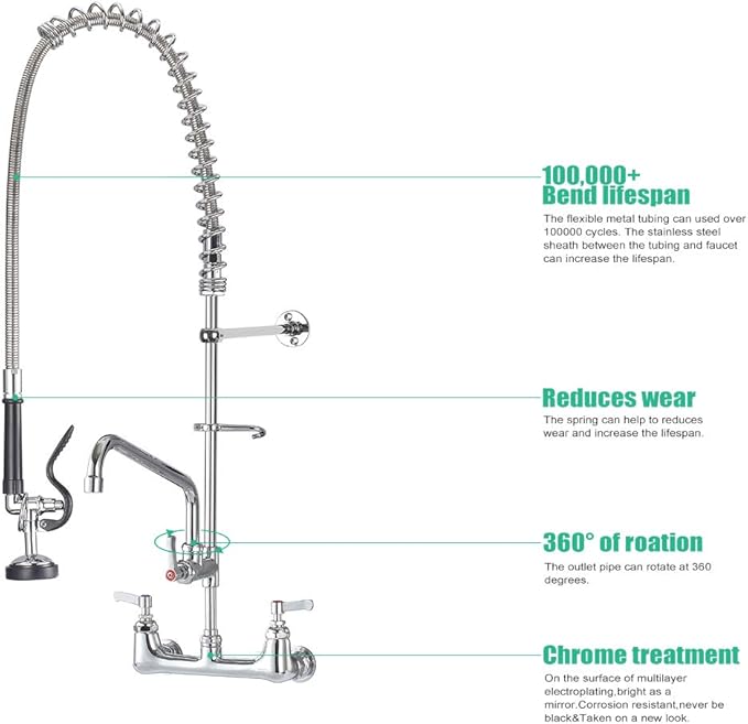 IMLEZON Commercial Faucet, Wall Mount Sink Faucet 8 Inch Center 47 Inch Commercial Kitchen Faucet with Pre-Rinse Sprayer and 12 Inch Swivel Spout
