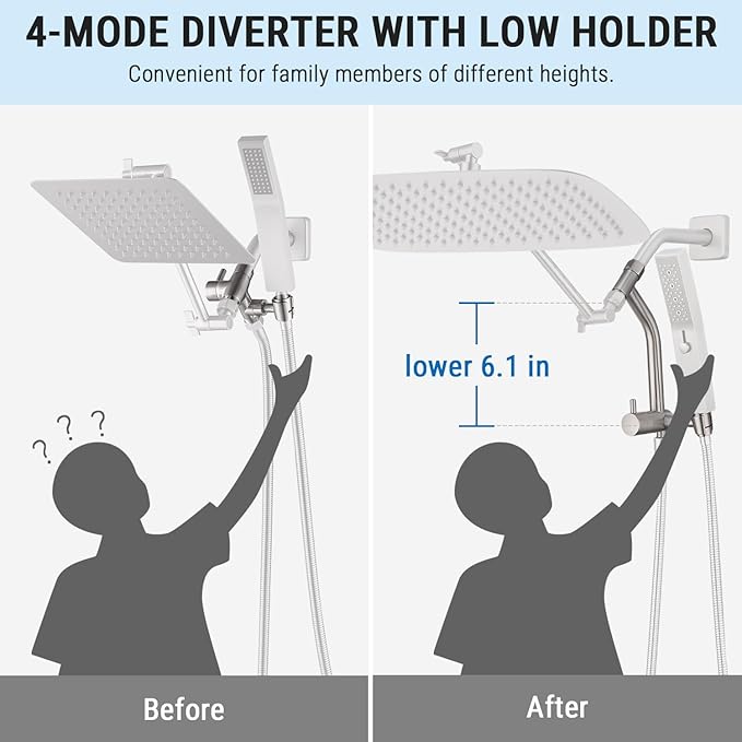 G-Promise All Metal 16 Inch Shower Head with Massage Mode Handheld, Rain Shower Head with Handheld Spray Combo, 3-Way Diverter with Pause Setting, 12 Inch Adjustable Extension Arm (Brushed Nickel)