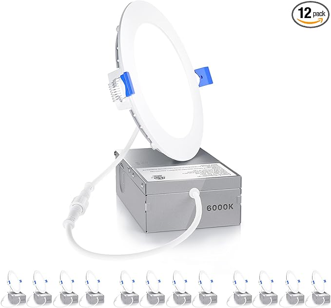 Ensenior 12 Pack 4 Inch LED Recessed Ceiling Light, Dimmable, 6000K Clear White, 750LM 9W 120V, High Brightness Canless Wafer Downlight - ETL&FCC&IC