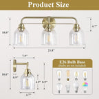 3 Light Gold Vanity Lights for Bathroom, Bathroom Light Fixtures Over Mirror with Clear Glass Shade, Ceramic E26 Sockets Wall Mounted
