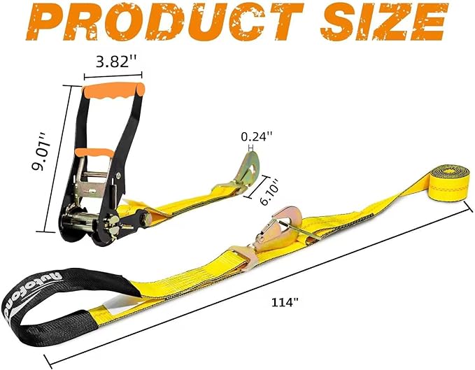 Heavy Duty 4-Pack Axle Tie Down Straps for Trailers - 2" x 114" Car Hauler Straps with Snap Hooks - 10,000 lbs Break Strength, 3300 lbs Capacity - DOT Certified Wheel Tie Downs (Yellow)