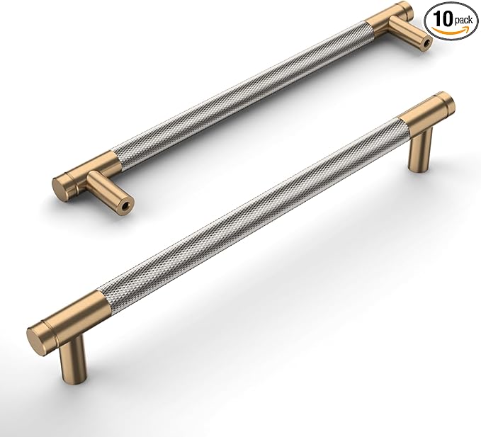 Amerdeco 10 Pack Champagne Bronze and Brushed Nickel Knurled Cabinet Pulls 7.5 Inch Hole Center to Hole Center Kitchen Cabinet Handles for Drawer Dresser, Cupboard and Wardrobe ZH0040