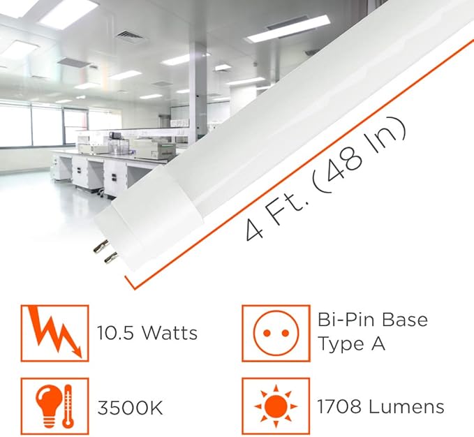 GoodBulb 4-ft T8 LED Tube Lights, 10.5-Watt (32W Equivalent) 3500K Warm White, 1708-Lumens, 83 CRI, Type A Plug & Play (Pack of 25)
