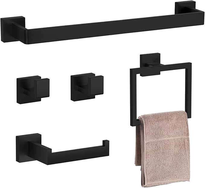 5-Pieces Matte Black Bathroom Accessories Set, 23.6 Inch Bath Towel Bar Set, SUS 304 Stainless Steel Bathroom Hardware Set, Towel Racks for Bathroom Wall Mounted.