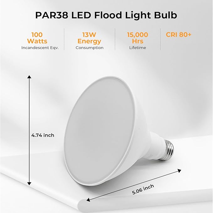 PAR38 LED Outdoor Flood Light Bulbs, 100W Equivalent, 1050LM, Dimmable, 3000K Warm White, 13W, Waterproof LED Floodlight for Porch Yard Garage, E26 Base, 15,000 Hrs, 2 Pack