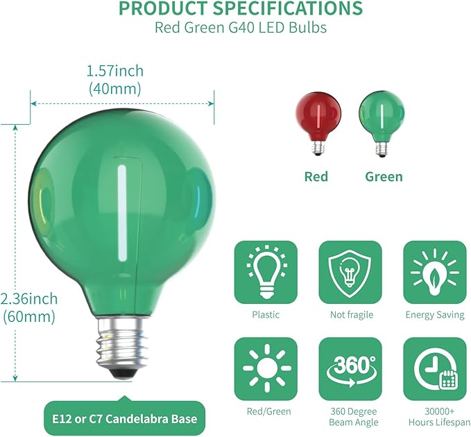 Meconard G40 Colored LED String Light Bulbs, Shatterproof LED 1 Watt Globe Replacement Bulbs, E12/C7 Candelabra Base,Red Light Bulb Green Light Bulb, 25 Pack