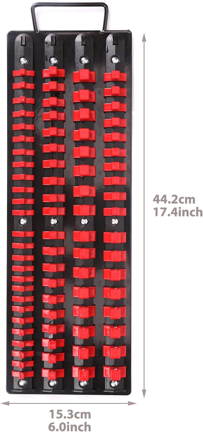 CASOMAN 80-Piece Portable Socket Organizer Tray, 2 Pcs Set, Blue & Red, 1/4-Inch, 3/8-Inch, 1/2-Inch,Heavy Duty Socket Organizer, Black Rails, Blue & Red Clips