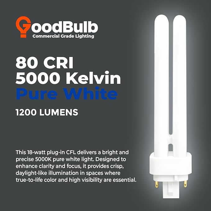 GoodBulb 18 Watt CFL Light Bulbs 4 Pin G24Q-2 Base 5000K Daylight 18W High Output 1200 Lumens Double Tube Compact Fluorescent Light Bulbs Plug-in 10 Pack