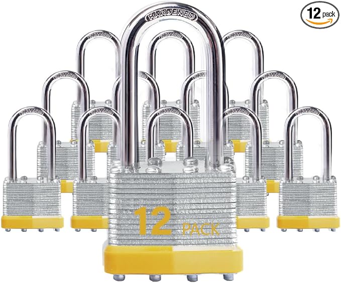 Keyed Alike Laminated Steel Padlocks with Long Shackle for Sheds, Fences & Lockers (12-Pack)