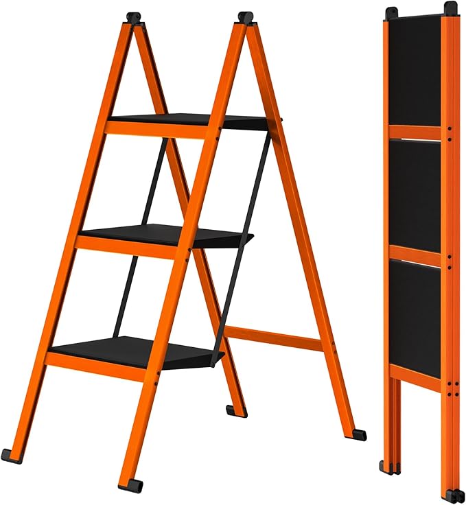 3 Step Ladder,Aluminum Ultra Thin Folding Step Stool,400 Lbs Capacity Heavy Duty with Anti-Slip Sturdy and Wide Tread,Closet Slim Step for Home,Kitchen and Office,Space Saving (Orange, 3-Step)