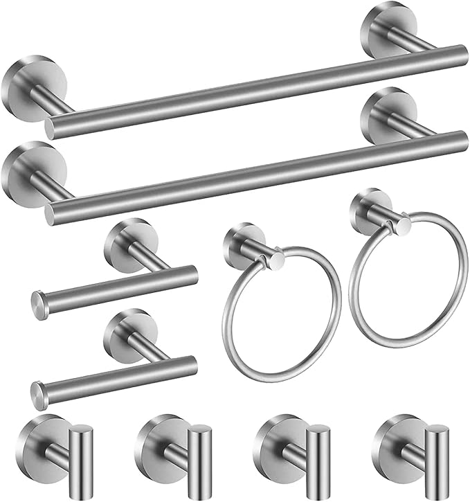 Bathroom Hardware Set Brushed Nickel, 24 Inch Towel Bar Set 10 Pieces Bathroom Accessories Set Includes Includes 2 Packs 24 Inch Towel Bar, Towel Ring, Toilet Holder and 4 Packs Towel Hooks
